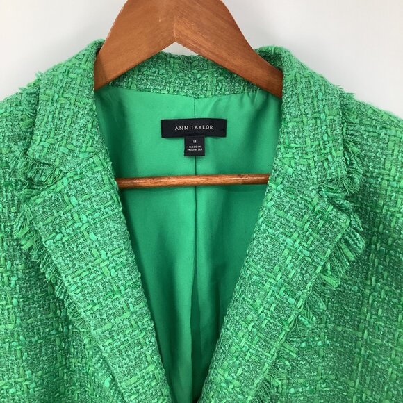 Ann Taylor Women's Green Tweed Blazer Size 14 Single-Breasted Fringe Trim - Picture 3 of 5